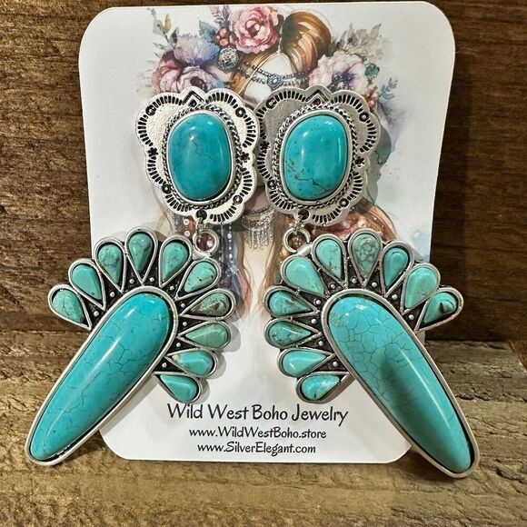 Navajo Turquoise Post Earrings, Big Bold Style, Boho Southwestern Stud Earring, - Picture 3 of 8